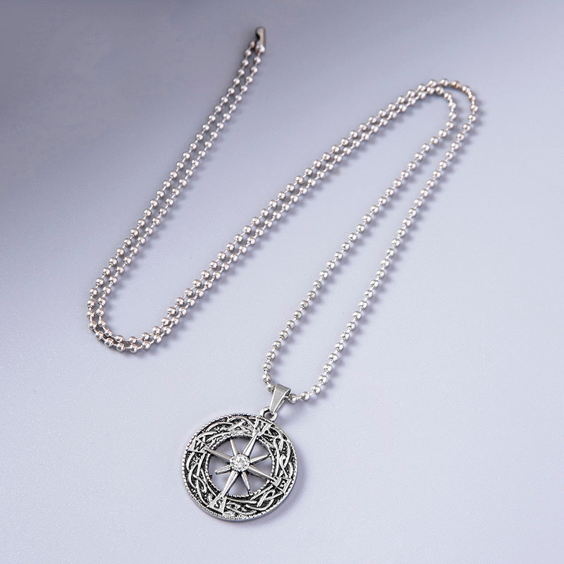 Vintage Antique Silver Plated Hollow Compass Pendant Viking Necklaces